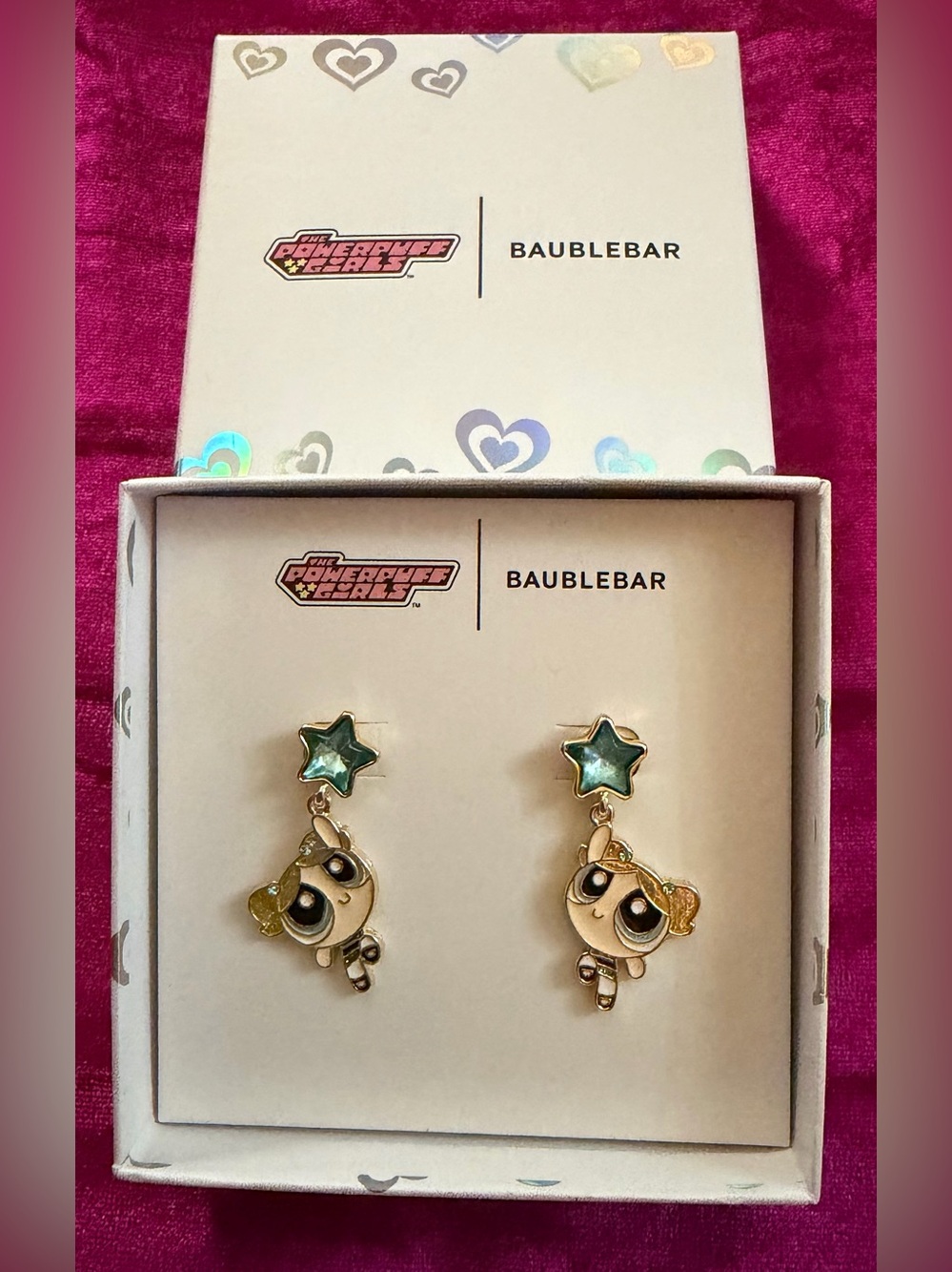 BaubleBar Green Star and Gold Powerpuff Girl Drop Earrings